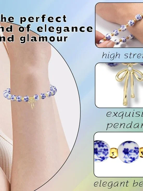 Beads Bow Stretch Bracelet for Women Vintage Flower Charm Bracelet Handmade Gold - Picture 5 of 6